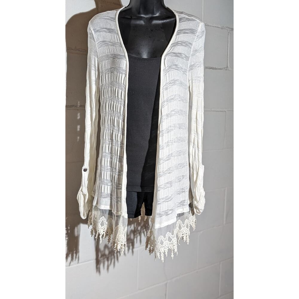 Vanity Lace Trim Cardigan Sweater Open Front Lightweight White Cover Y2K Medium